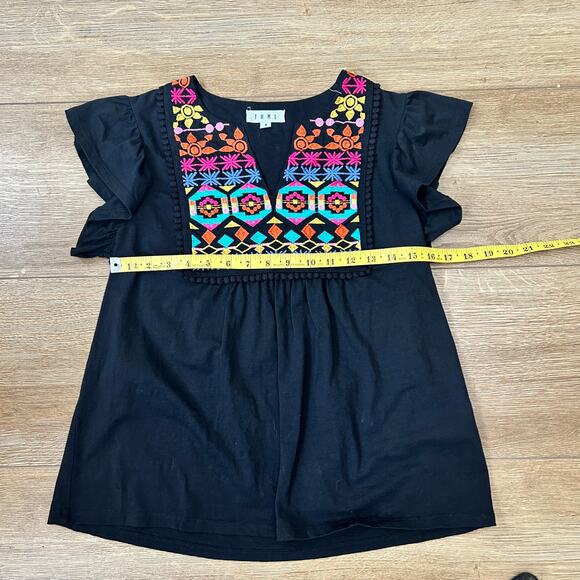 THML Embroidered Flutter Sleeve Black Top Womens Size Small Boho Peasant Style - Picture 7 of 10